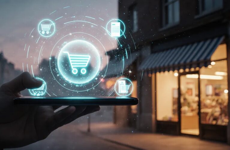 AI shopping agents 2026 smartphone hologram guiding autonomous store checkout BigAIAgent