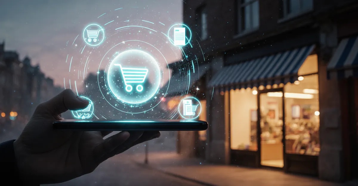 AI shopping agents 2026 smartphone hologram guiding autonomous store checkout BigAIAgent