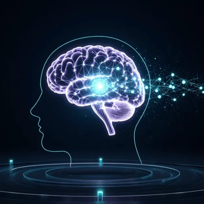 Glowing neural network scanning a creative panel, AdMagic waitlist TRIBE v2 scoring