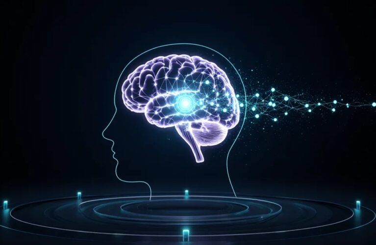 Glowing neural network scanning a creative panel, AdMagic waitlist TRIBE v2 scoring