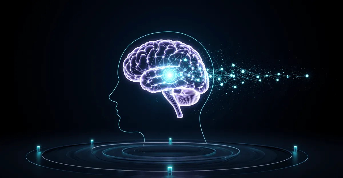 Glowing neural network scanning a creative panel, AdMagic waitlist TRIBE v2 scoring