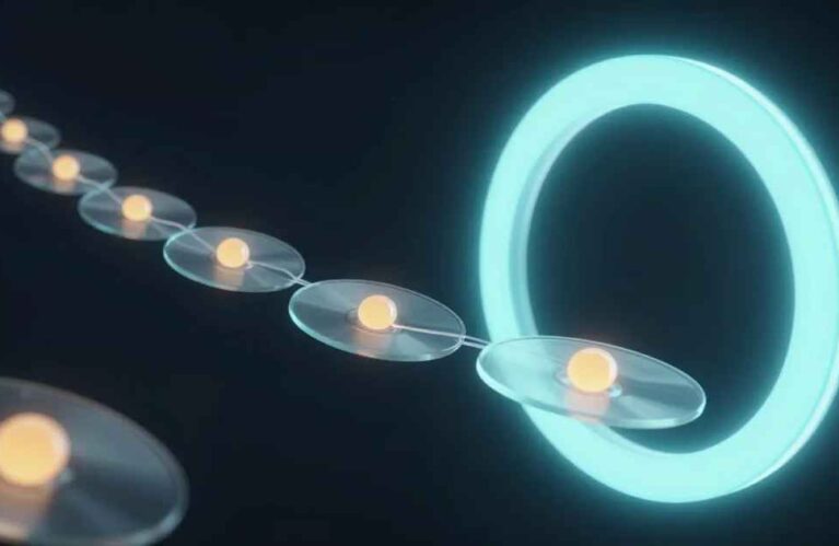 Glowing chain of proposal records passing through an approval gate, AdMagic waitlist