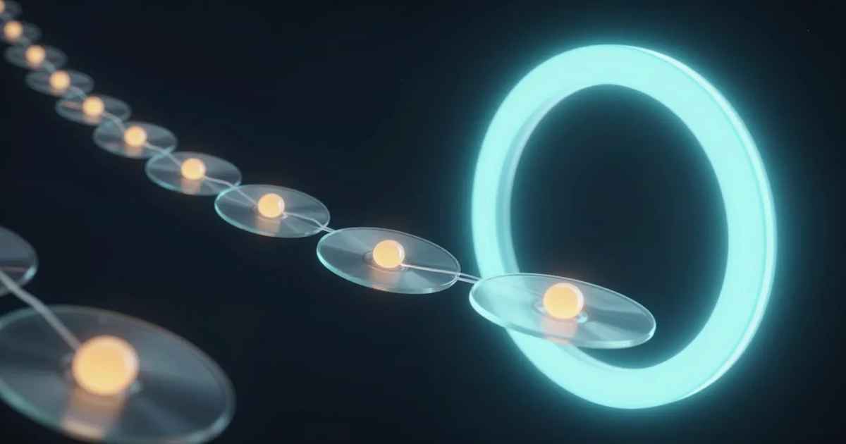 Glowing chain of proposal records passing through an approval gate, AdMagic waitlist