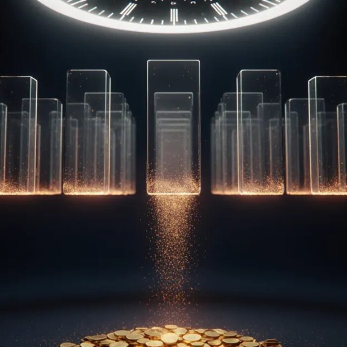 Glowing ad creative panels burning away over a countdown clock, AdMagic waitlist