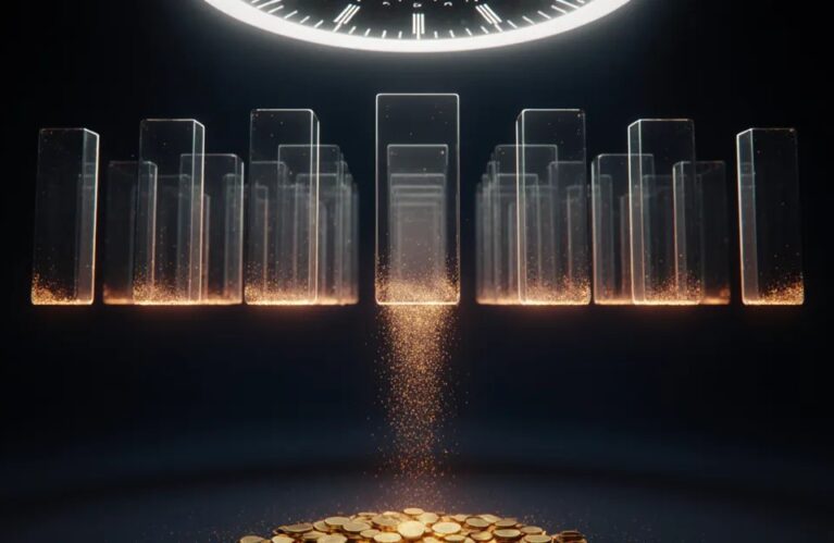 Glowing ad creative panels burning away over a countdown clock, AdMagic waitlist