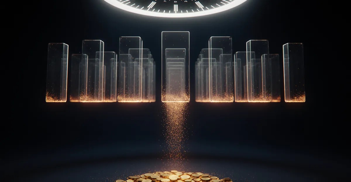Glowing ad creative panels burning away over a countdown clock, AdMagic waitlist