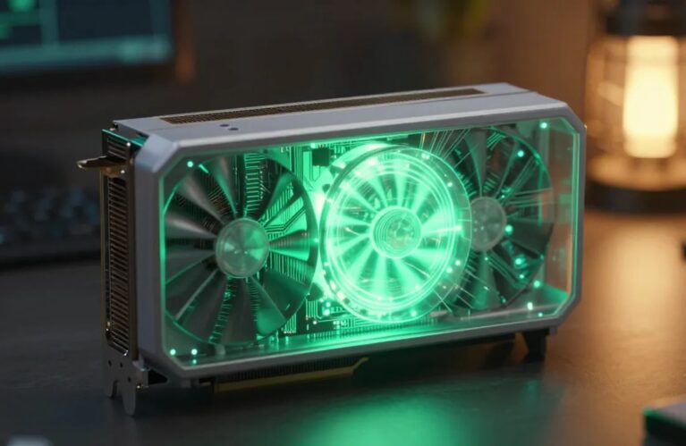 Local AI agents running on a self-contained consumer GPU, glowing circuit board with no cloud connection BigAIAgent