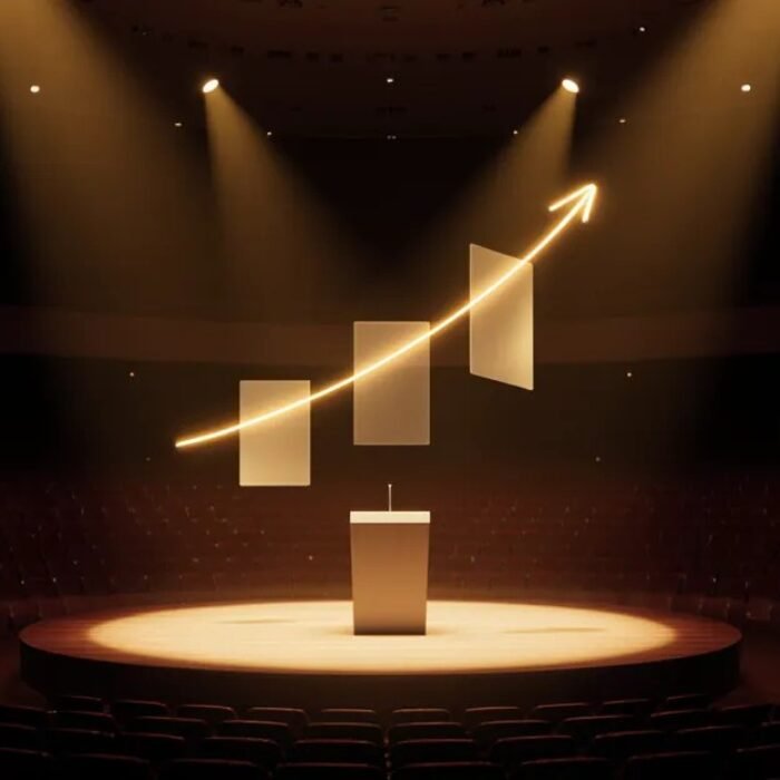 AdMagic CIBC Biz Pitch semi-finalist, spotlit pitch stage with a rising golden growth line in an empty auditorium