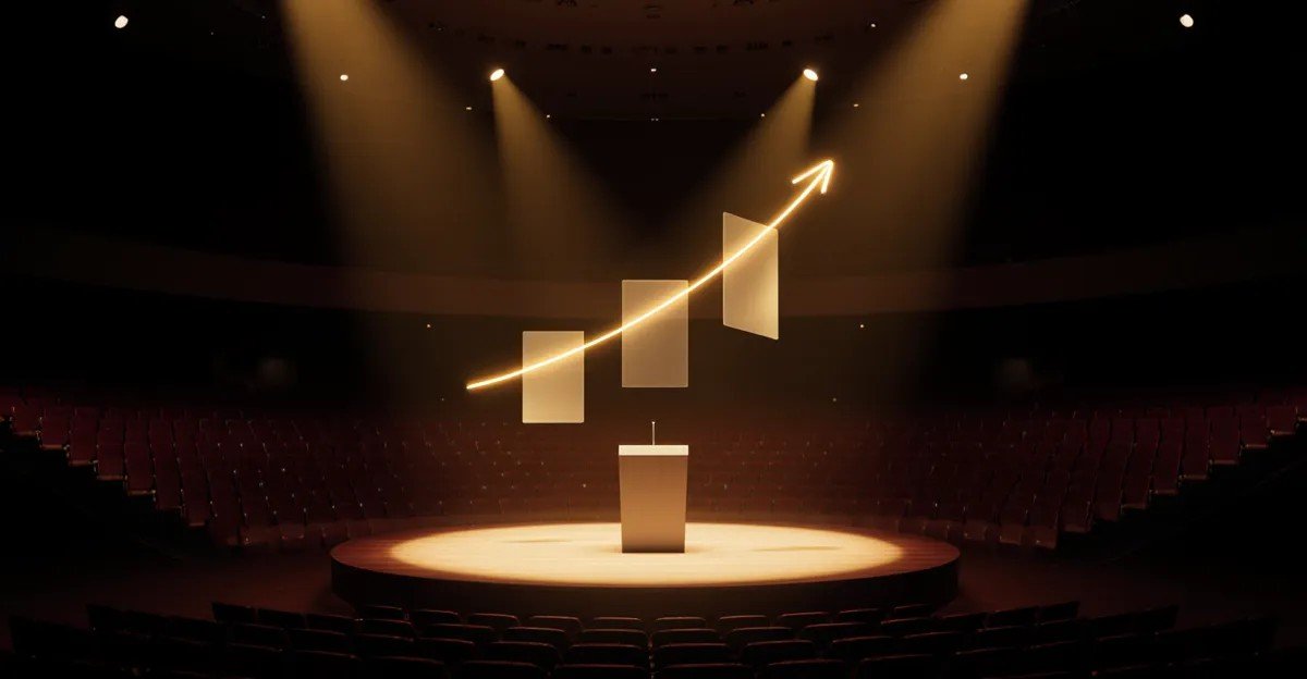 AdMagic CIBC Biz Pitch semi-finalist, spotlit pitch stage with a rising golden growth line in an empty auditorium