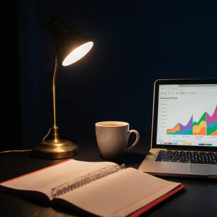 AdMagic origin story, late-night desk with ad performance charts beside a profit ledger under lamp light