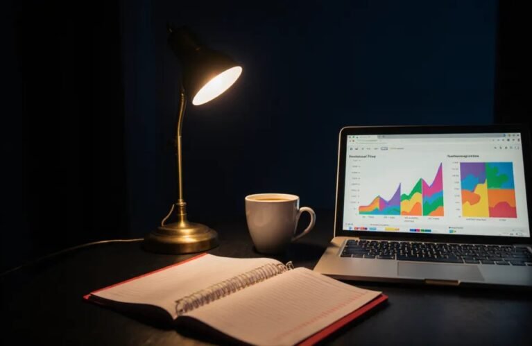 AdMagic origin story, late-night desk with ad performance charts beside a profit ledger under lamp light