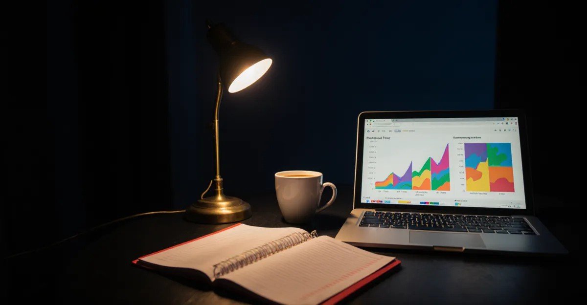 AdMagic origin story, late-night desk with ad performance charts beside a profit ledger under lamp light