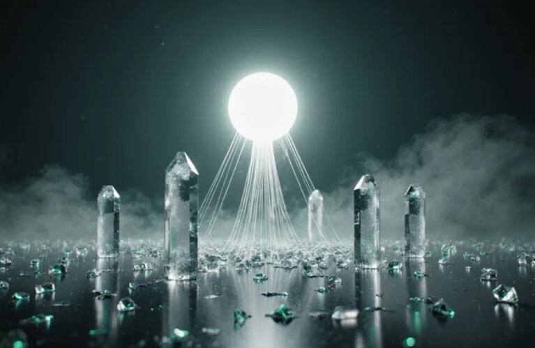 AI agent grounding 2026, glowing agent orb tethered to crystalline source pillars above a reflective floor BigAIAgent