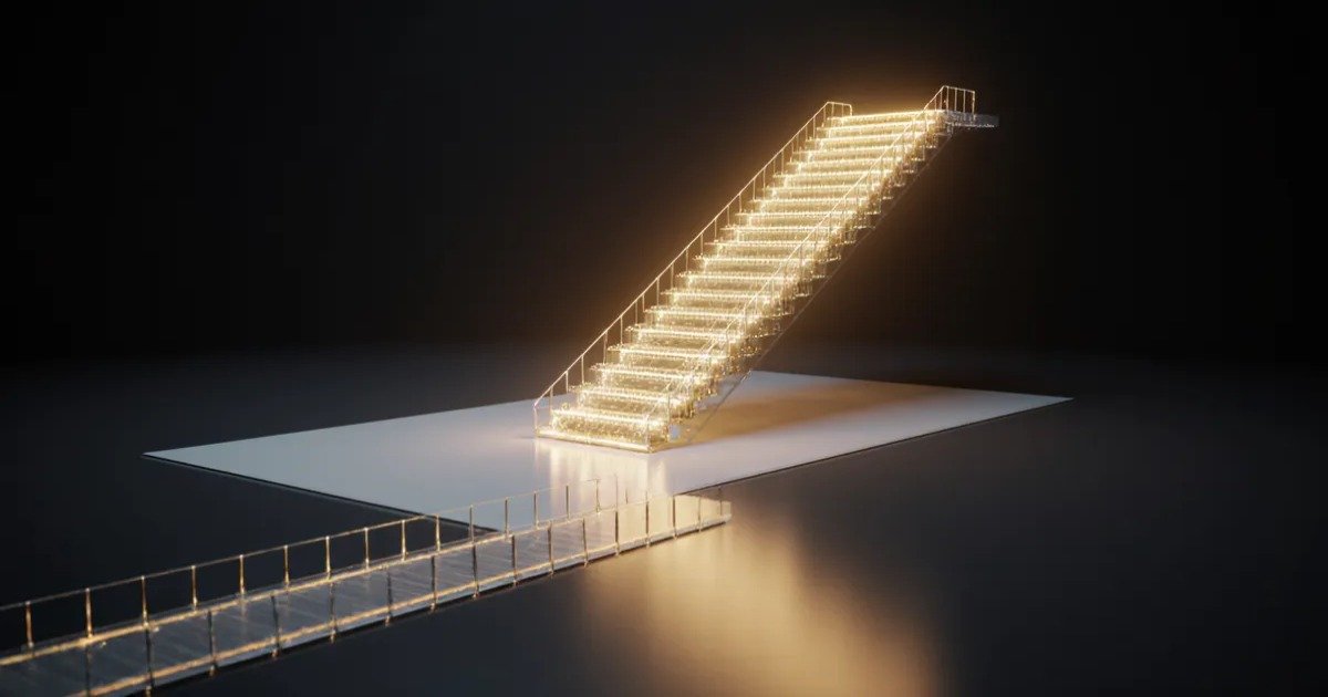 AI agent scaling gap 2026 visualized as a glowing golden staircase meeting a flat silver plane BigAIAgent
