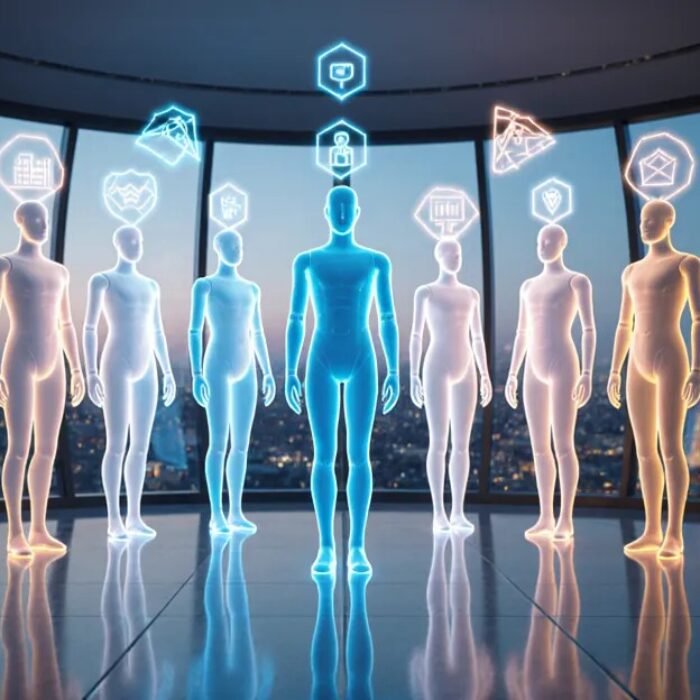 AI agent workforce concept, seven luminous humanoid agents with glowing role icons in a modern office BigAIAgent