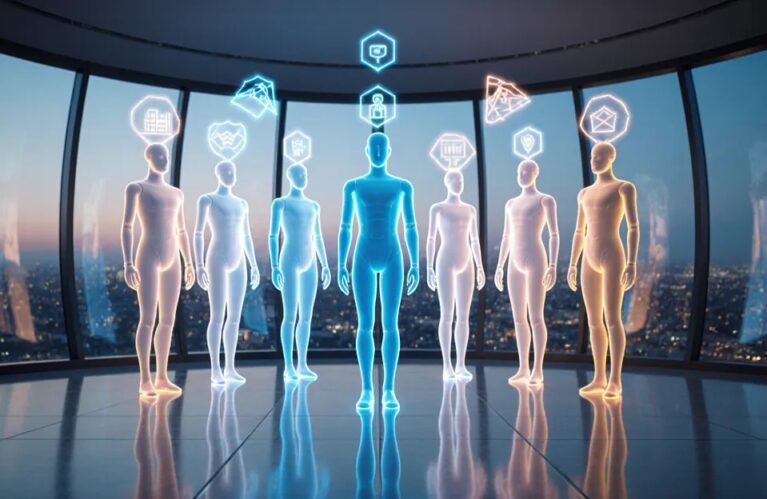 AI agent workforce concept, seven luminous humanoid agents with glowing role icons in a modern office BigAIAgent
