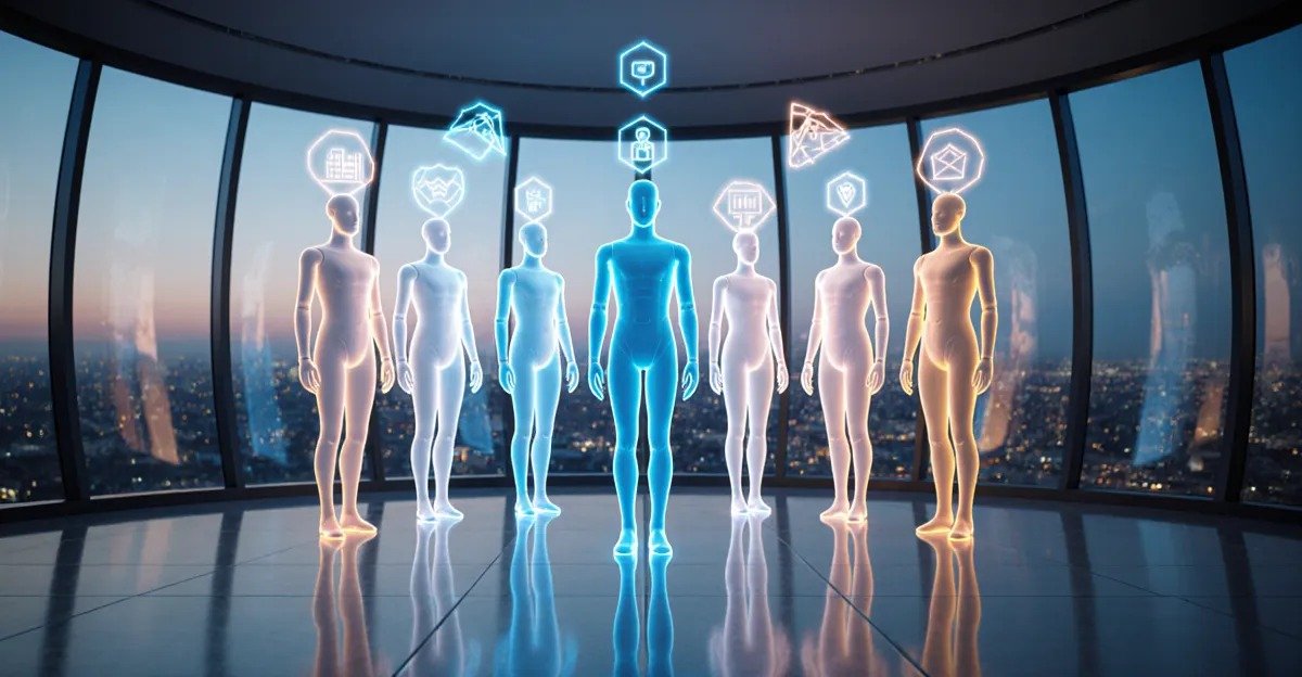 AI agent workforce concept, seven luminous humanoid agents with glowing role icons in a modern office BigAIAgent