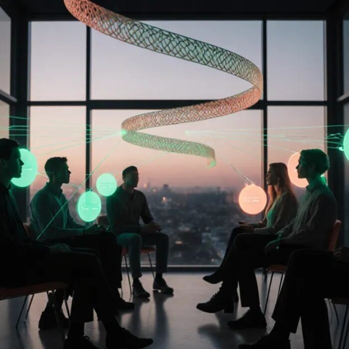 AI agents in team chat, humans and glowing agent avatars sharing a conversation loop in a glass loft BigAIAgent
