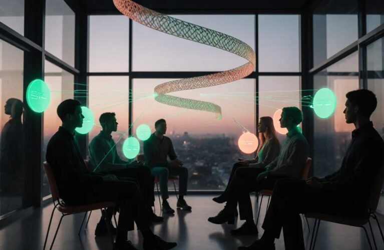 AI agents in team chat, humans and glowing agent avatars sharing a conversation loop in a glass loft BigAIAgent
