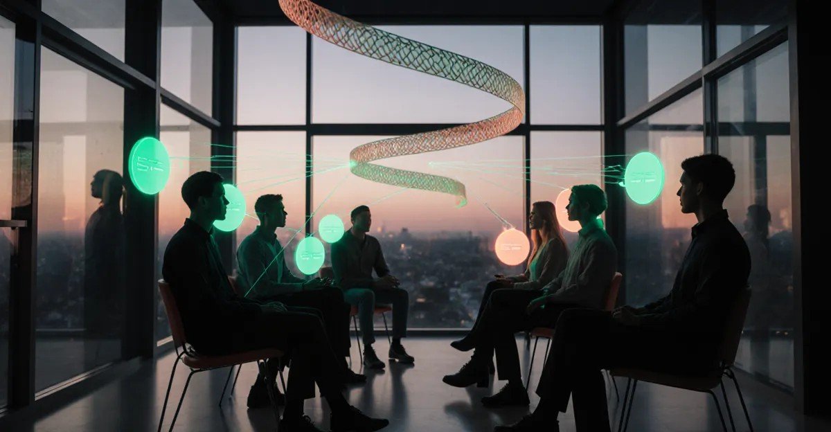 AI agents in team chat, humans and glowing agent avatars sharing a conversation loop in a glass loft BigAIAgent