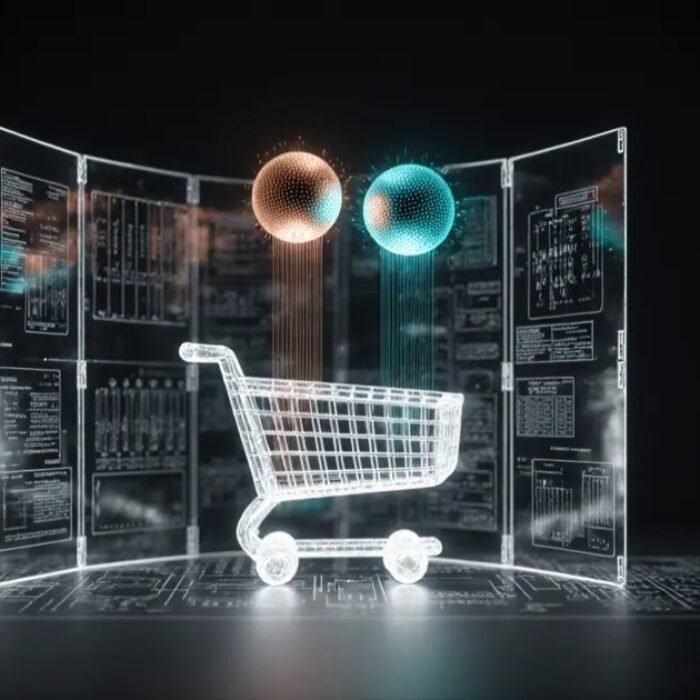 Claude Commerce Agents blueprint, glowing shopping cart hologram with AI agent orbs BigAIAgent