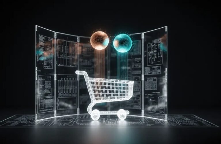 Claude Commerce Agents blueprint, glowing shopping cart hologram with AI agent orbs BigAIAgent