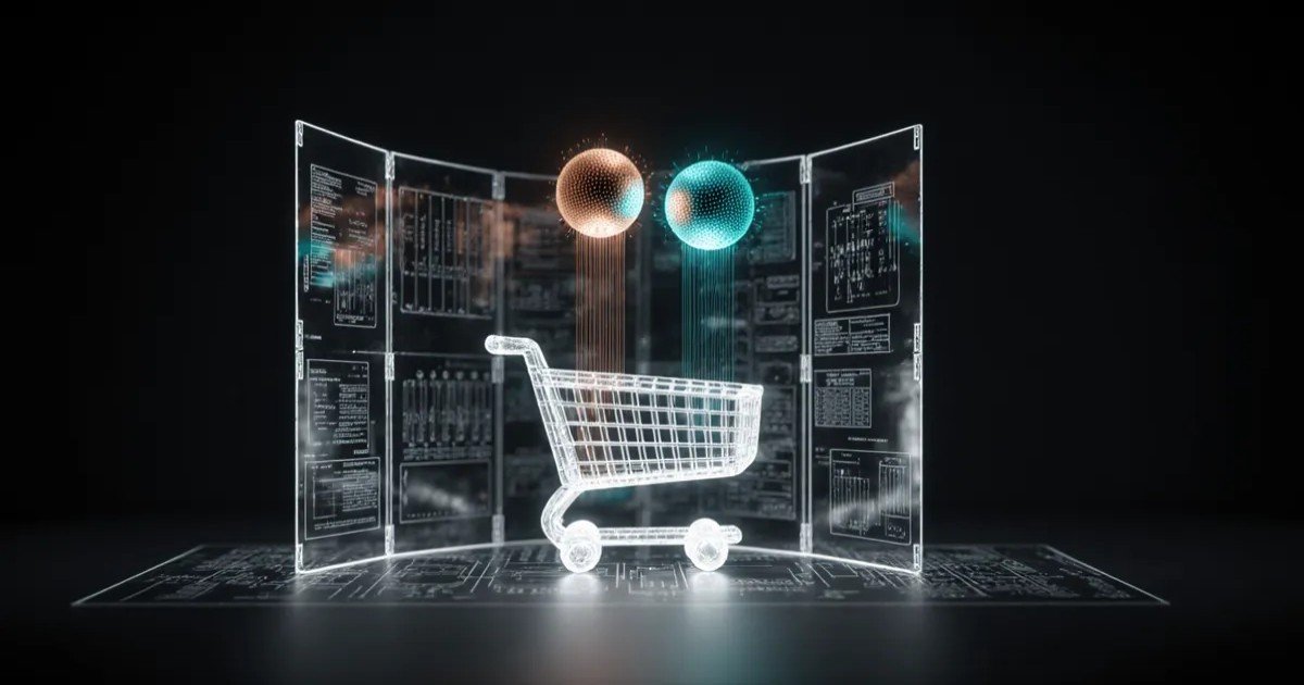 Claude Commerce Agents blueprint, glowing shopping cart hologram with AI agent orbs BigAIAgent