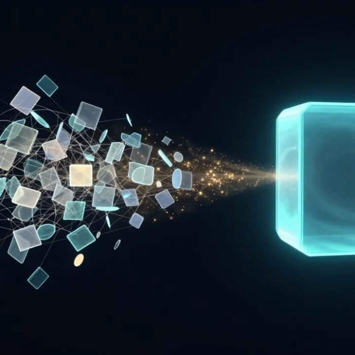 Scattered mismatched panels resolving into one unified glowing structure, AdMagic waitlist