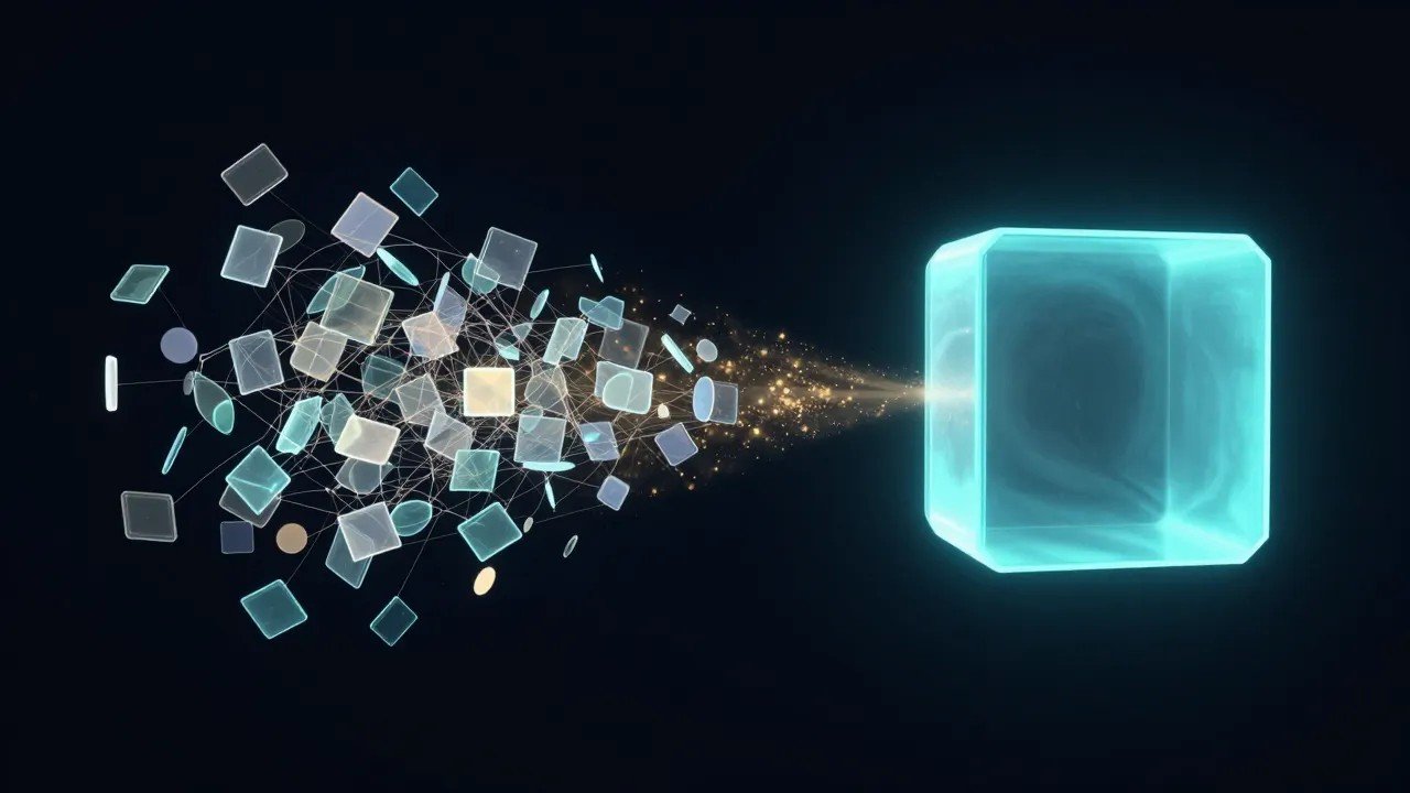 Scattered mismatched panels resolving into one unified glowing structure, AdMagic waitlist