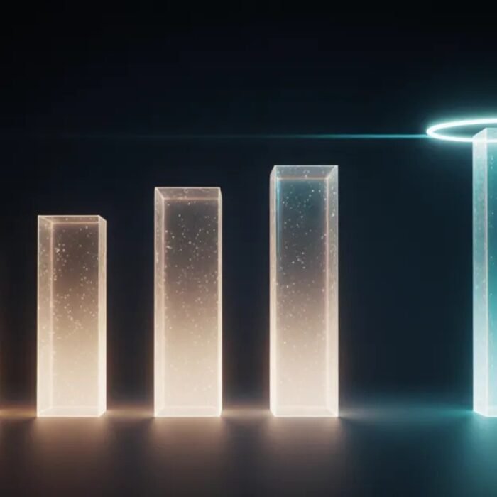 Four glowing light columns compared, one standing taller: AdMagic waitlist