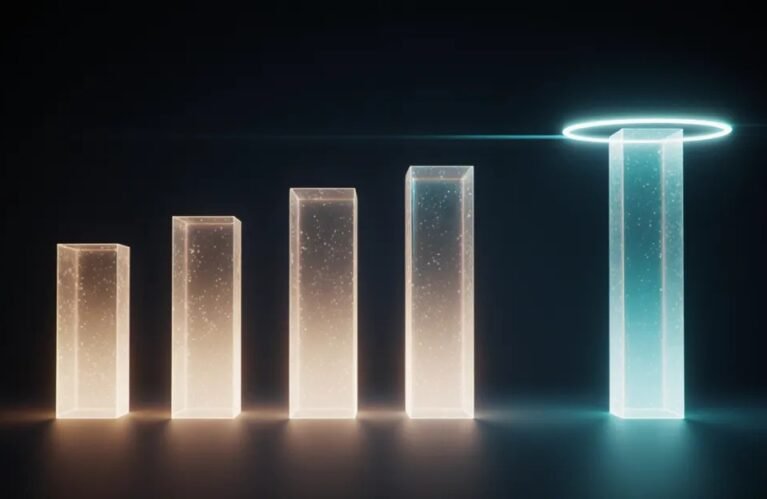 Four glowing light columns compared, one standing taller: AdMagic waitlist