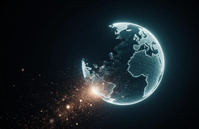 Glowing globe fracturing into embers, symbolizing wasted ad spend, AdMagic waitlist