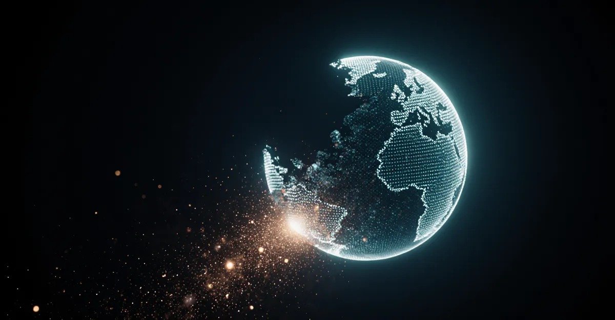 Glowing globe fracturing into embers, symbolizing wasted ad spend, AdMagic waitlist