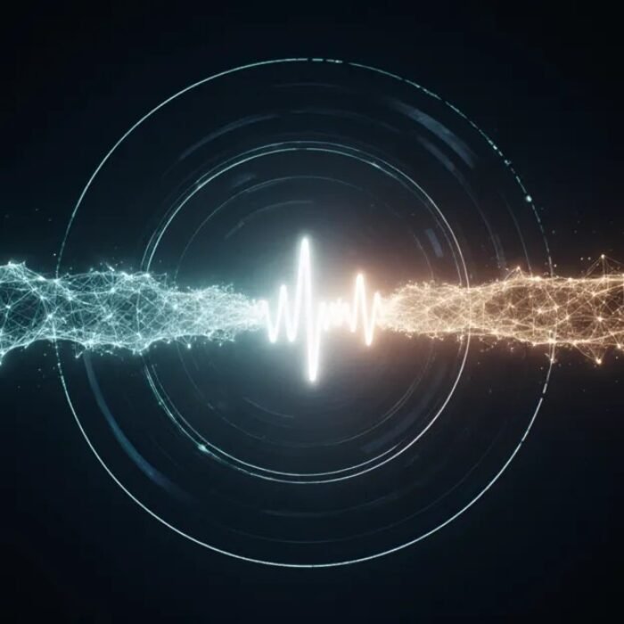 Glowing data streams syncing into one pulse, AdMagic waitlist
