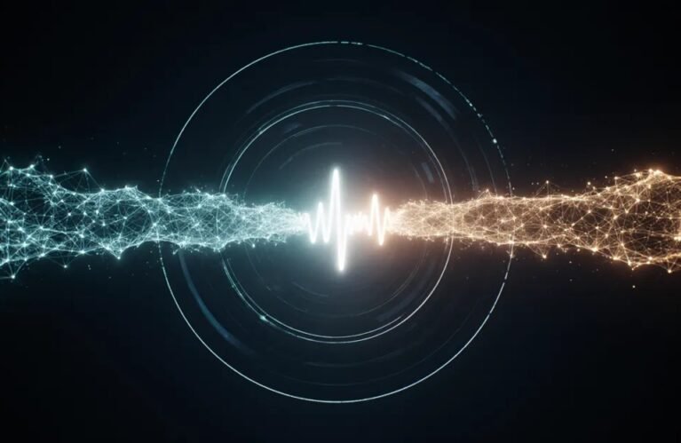 Glowing data streams syncing into one pulse, AdMagic waitlist