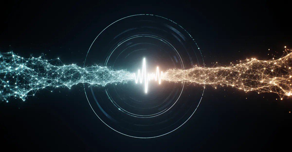 Glowing data streams syncing into one pulse, AdMagic waitlist