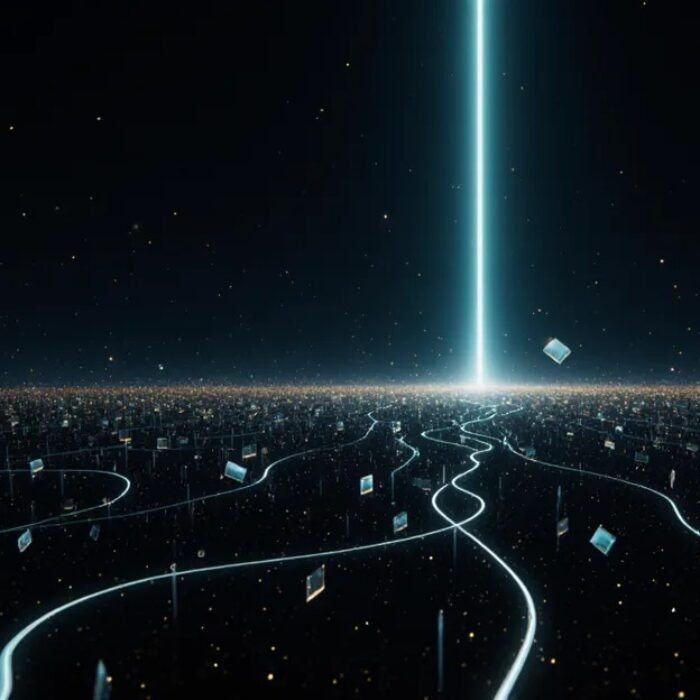 Converging light paths toward one bright beam, AdMagic waitlist recap art