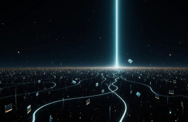 Converging light paths toward one bright beam, AdMagic waitlist recap art