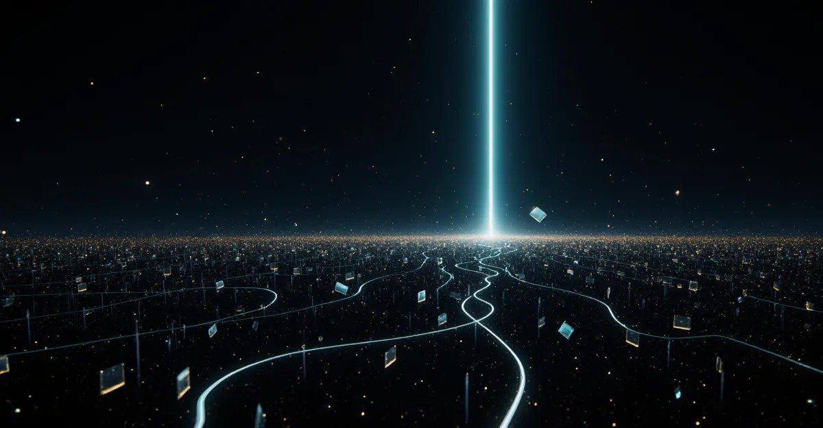 Converging light paths toward one bright beam, AdMagic waitlist recap art