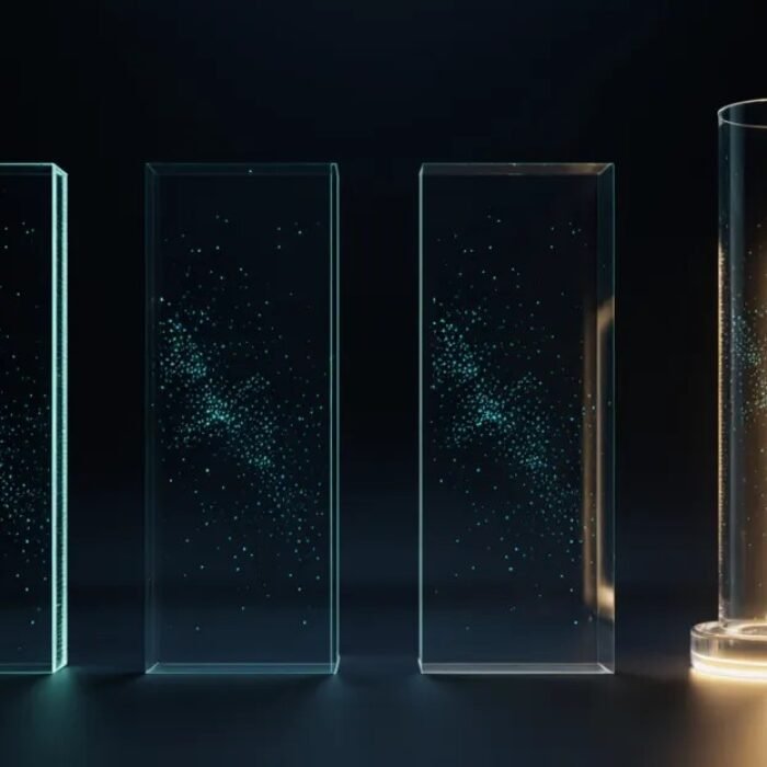 Three dim glass panels beside one fully lit glowing tower, AdMagic waitlist