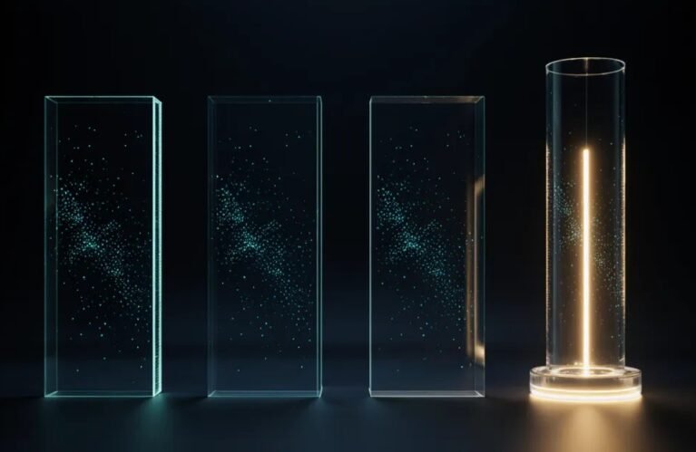 Three dim glass panels beside one fully lit glowing tower, AdMagic waitlist