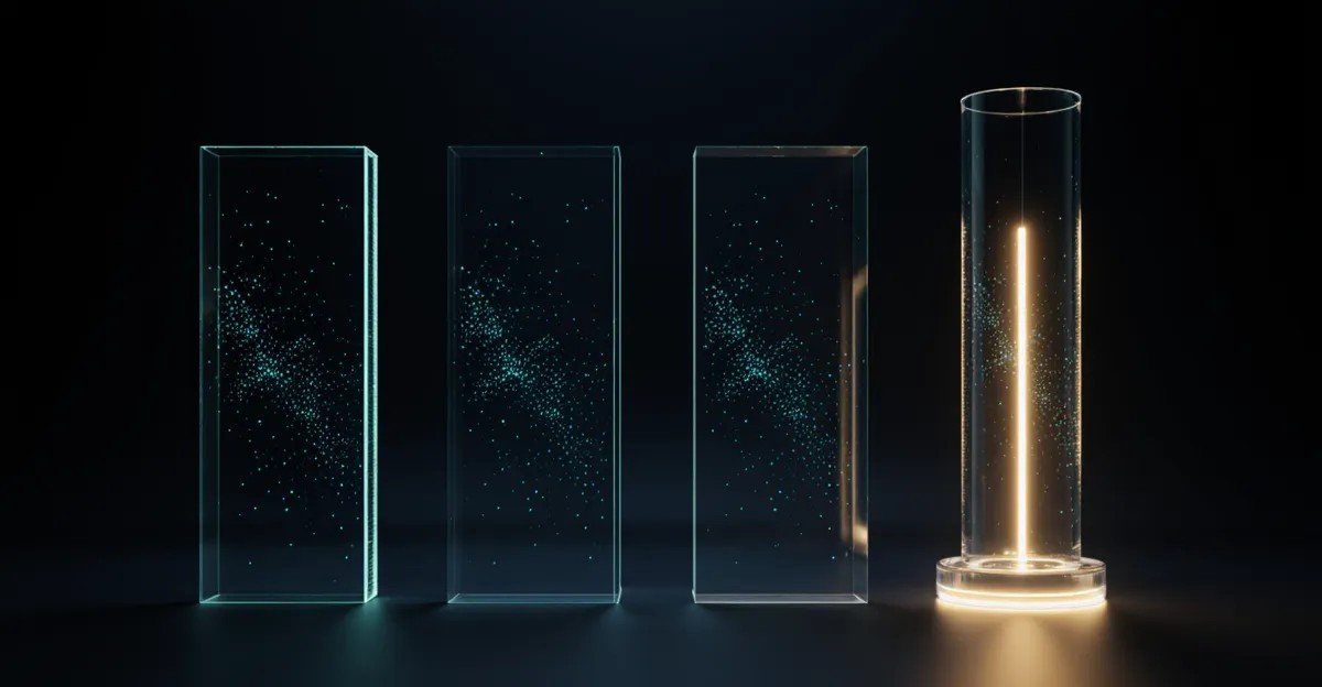 Three dim glass panels beside one fully lit glowing tower, AdMagic waitlist
