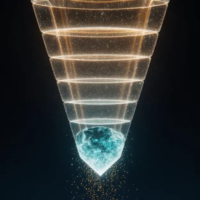 Layered glass strata condensing into a glowing cyan crystal, founder lessons behind the AdMagic waitlist