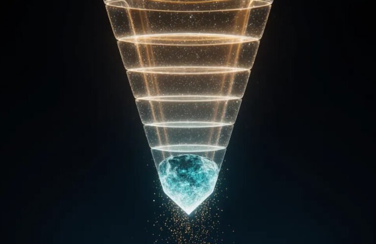 Layered glass strata condensing into a glowing cyan crystal, founder lessons behind the AdMagic waitlist