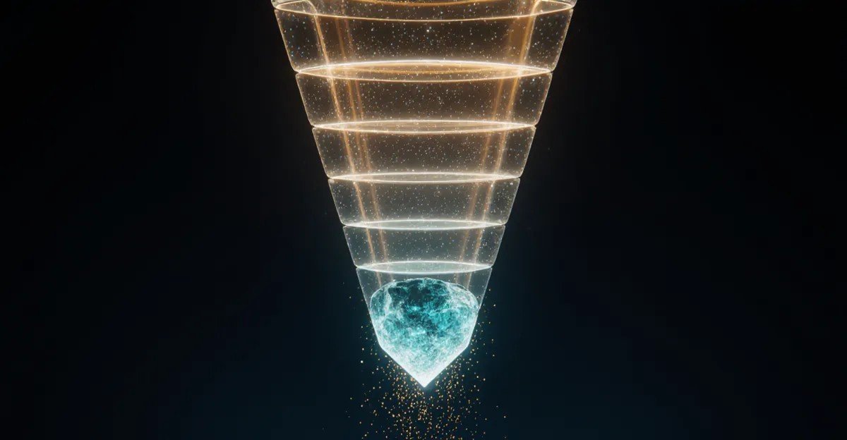Layered glass strata condensing into a glowing cyan crystal, founder lessons behind the AdMagic waitlist