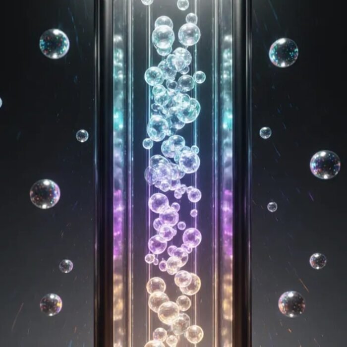 Jev AI model typed decisions, glowing spheres sorted through a glass decision column in cyan, violet and amber BigAIAgent
