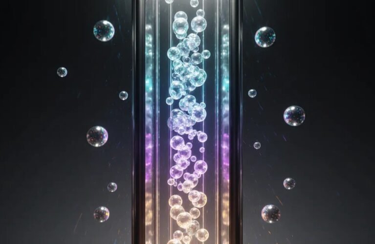Jev AI model typed decisions, glowing spheres sorted through a glass decision column in cyan, violet and amber BigAIAgent