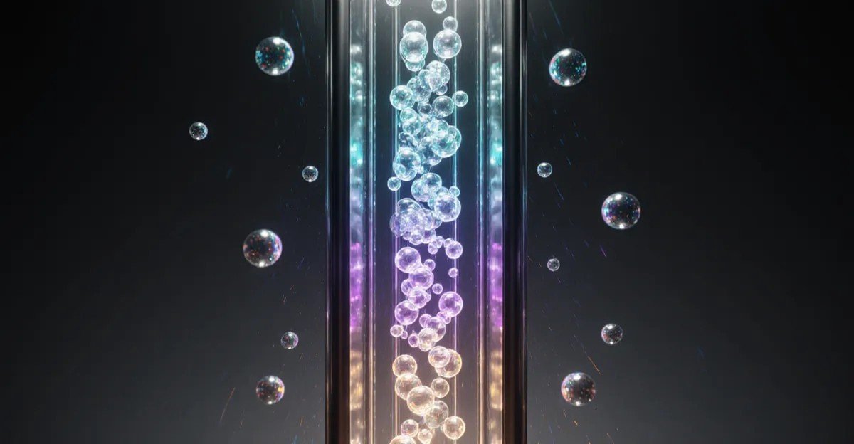 Jev AI model typed decisions, glowing spheres sorted through a glass decision column in cyan, violet and amber BigAIAgent