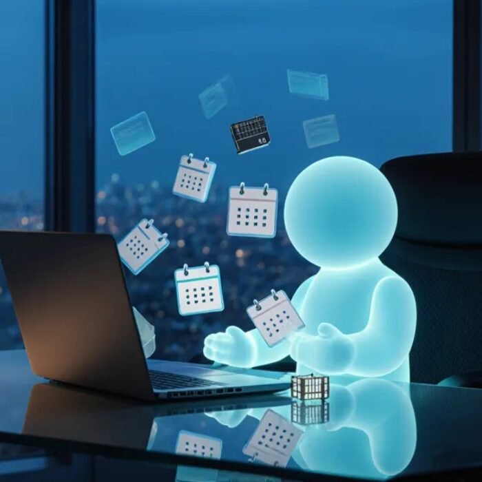 Microsoft Copilot Autopilot agent as a glowing cyan figure sorting calendar and message cards at a night desk BigAIAgent