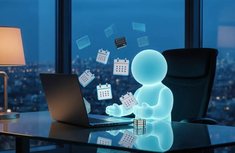Microsoft Copilot Autopilot agent as a glowing cyan figure sorting calendar and message cards at a night desk BigAIAgent